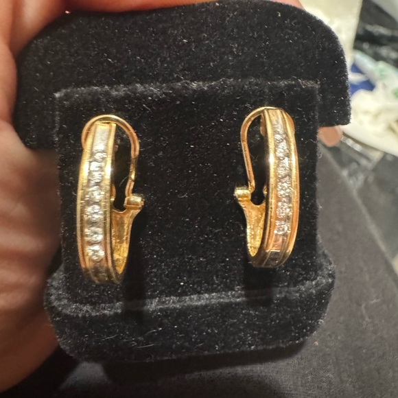 14k solid gold and diamond half hoop earrings - Picture 3 of 5
